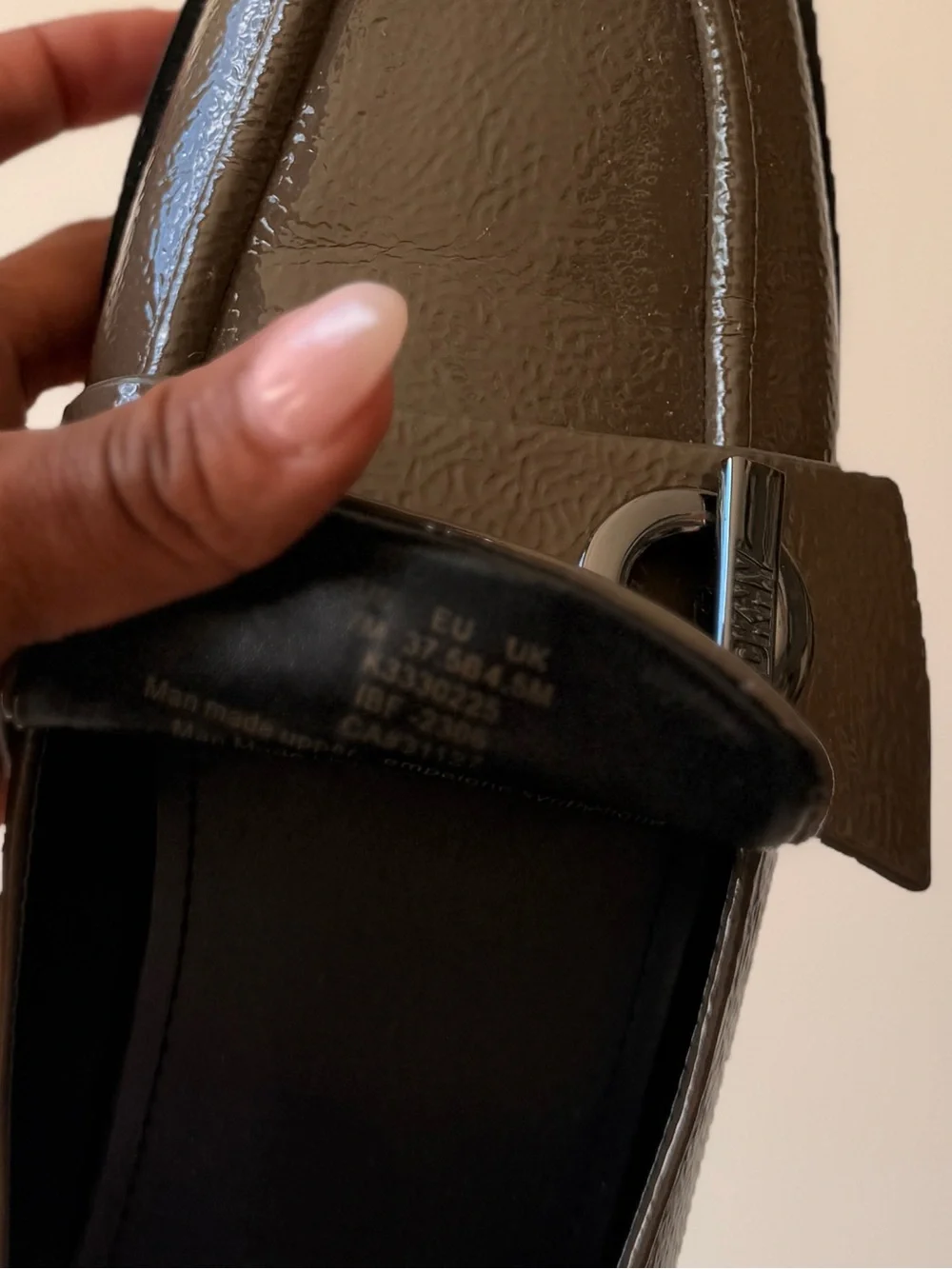 DKNY Glossy Taupe Brown Penny Loafers with Silver Bit